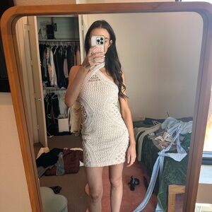 Tobi Cream Crochet Halter Mini Dress